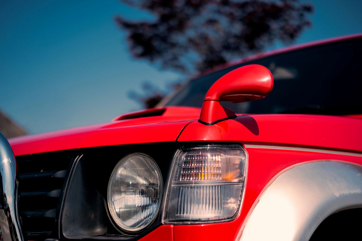 Close up of a red Mitsubishi Pajero Evolution