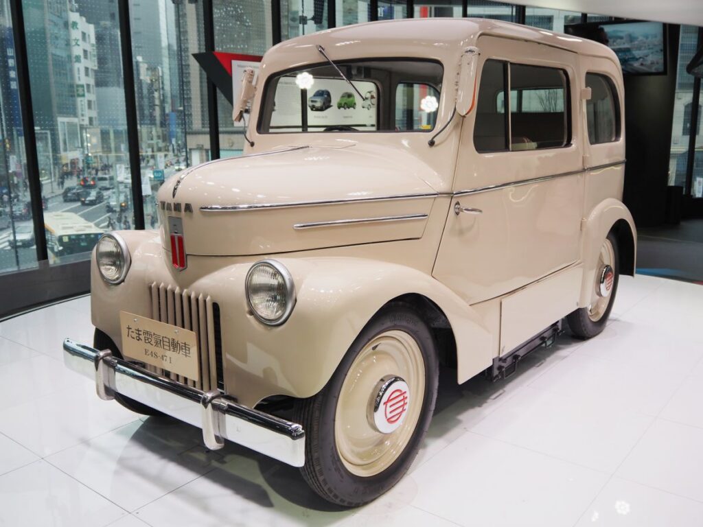 A 1947 Tama Electric Car on display in a Nissan showroom in Tokyo's Ginza area